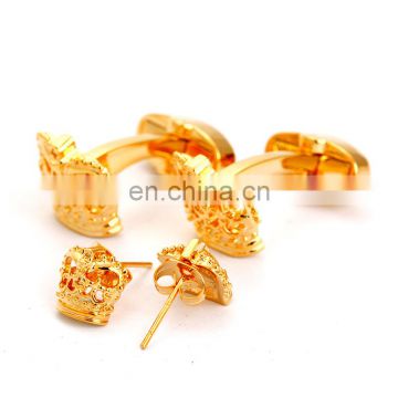 Luxurious Jewlry Wedding Cuff Links Gifts Shirt Gold Crown Cufflinks and Earrings Set