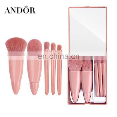 5pcs Pink Portable Makeup Brush Set With Mirror Soft Mini Size Brush With Foldable Mirror Case