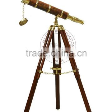 BRASS/WOOD TELESCOPE WITH TRIPOD STAND - NAUTICAL VINTAGE TELESCOPE W/WOODEN STAND - MARINE GIFT