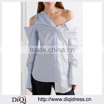 Wholesale Women Apparel Tonal-blue and White Off-the-shoulder Cotton-dobby Fashion Striped Shirt(DQE0379T)