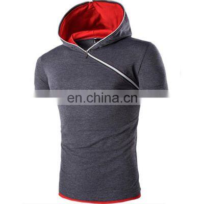 Men Short Sleeve Pattern Spandex / Cotton Knitted Gray Plain custom Fit Solid Hooded Zipper Traveller Tshirt