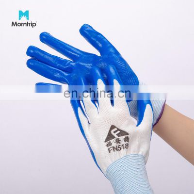 Wholesale 13G Blue Nitrile Coated Industrial Work Safety Dipped White Polyester Gloves with Printing Logo