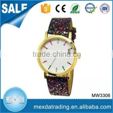 Promotional lady popular gold plating shining pu strap china made watch
