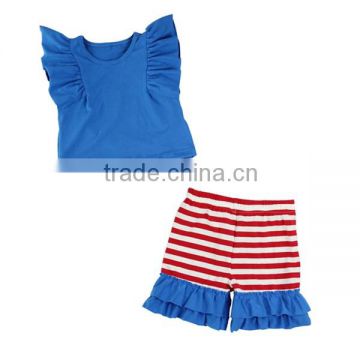Royal blue clothing outfit for baby girl ashion kids clothes blank ruffle sleeve shirt and shorts 4th of July children clothing