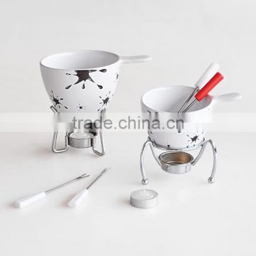 Jumbo Spoon Ceramic Fondue Sets, Chocolate Decaled bowl with Holder