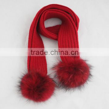 Myfur Children Knitted Ribbed Scarf with 2 Big Size Matched Color Raccoon Fur Pom Pom