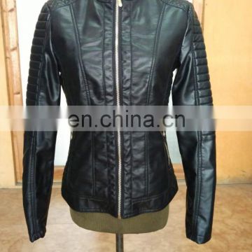 New Women Fashion Soft PU Leather Zipper Jacket Faux Leather Jacket Winter Jacket Stand Collar with Tab Ladies' Jacket