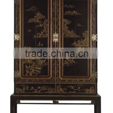 Chinese styel solid wood hand painted two doors wardrobe with drawers