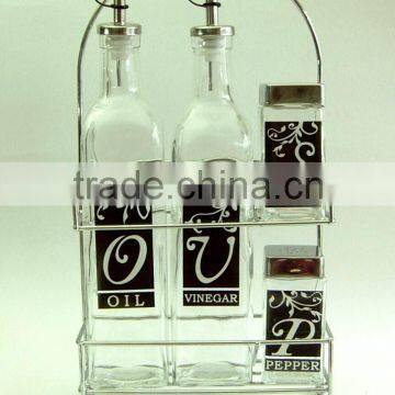 TW237D 4pcs glass oil vinegar salt and pepper set with metal rack