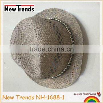 Yiwu fashion men straw paper panama hat with chain and ribbon headband