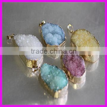 KJL-A078 natural drusy druzy stone,chunky quartz mix color crystal agate gem gold edge stone pendant