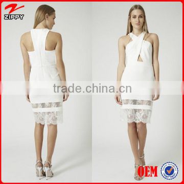 2016 evening dress new white evening dress halter sleeveless hollow out dress with lace hem