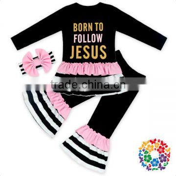2017 Spring Newest Design Outfits Long Sleeve Printed Clothing Set With Headband Newborn Baby Girls Clothes Set