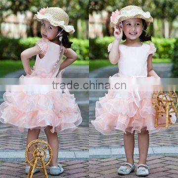 2014 New High Quality cute and scoop neck pink A-Line Flower Girl Dress with the organza