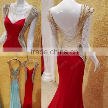 Free Shipping Red Mermaid Evening Dress 2016 Real Sample Handmade Beaded Shining Crystal Rhinestone Vestido De Festa Longo ML180