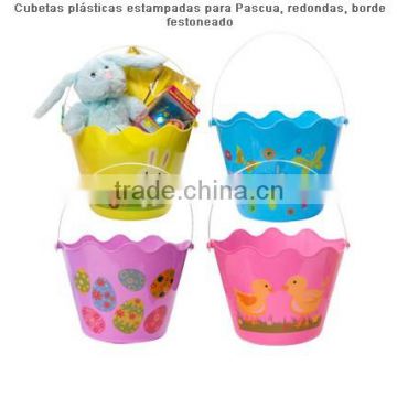 Printed plastic buckets for Easter, round, scalloped edge