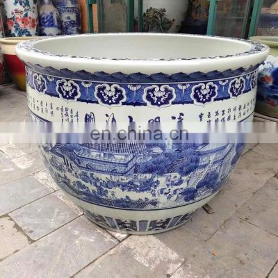 Luxury Large Size Blue And White Porcleain Hand Paint Craft Ceramic Fish Pot Fish Bowl Planters