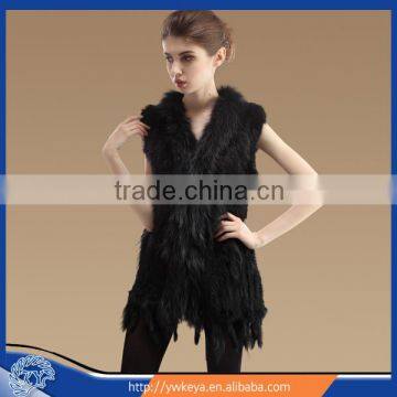 Fashionable 2015 Long Style 100% genuine Raccoon Collar Rabbit fur gilet With Tassels