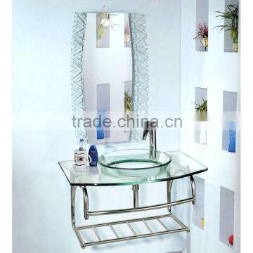 High Quality Tempered Bathroom Glass Basin, Transparent Glass with Stainless Steel Holder