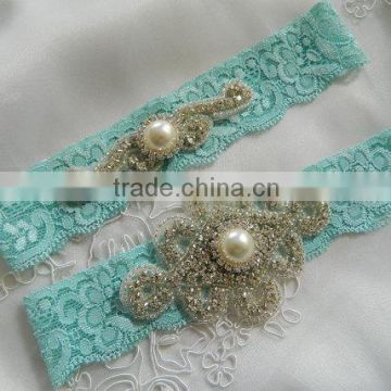 Wedding Garter,Vintage Garter set,Aqua Blue Stretch Lace with pearl and rhinestone applique                        
                                                                                Supplier's Choice