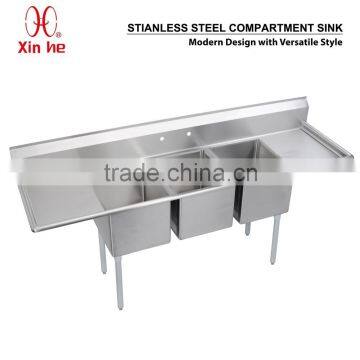 Freestanding Commercial Stainless Steel 3 Three Compartment Sink with Two Drainboard                        
                                                Quality Choice