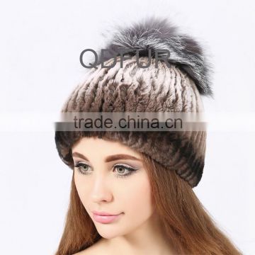 QD80622 Free Size Women Natural Knitted Rex Rabbit Fur with Silver Fox Fur Pom Hats