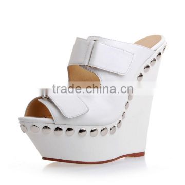 Summer style wedge high heel white sheepskin and pigskin women sandals shoes