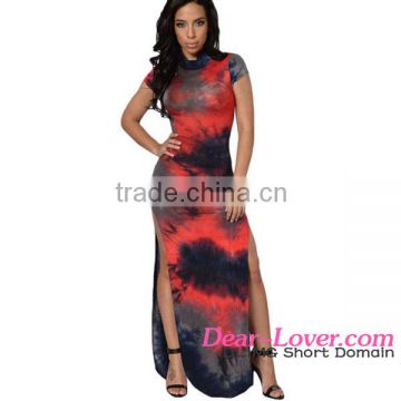 Sexy Women Reddish Tie Dye Vintage Short Sleeve Cheongsam Maxi Dress