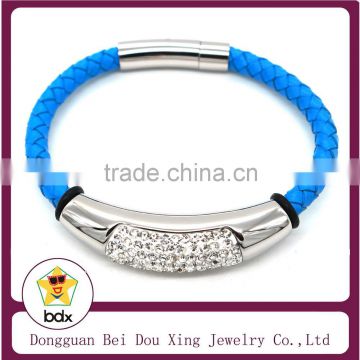 Alibaba Wholesales Stylish 316L Stainless Steel Blue Braided Leather Magnetic Clasp Open Bracelet With Clay Crystal For Mens