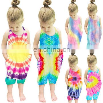 Tie-dye Printed Infant Baby Romper Summer Boys Girls Sleeveless Halter Backless 6 Color Pocket Sling Jumpsuit Playsuit 1-6Y