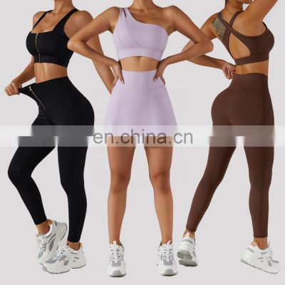 4 Pcs One Shoulder Yoga Bras Zipper Workout Sets For Women Sexy Sports Skirt Fitness Leggings