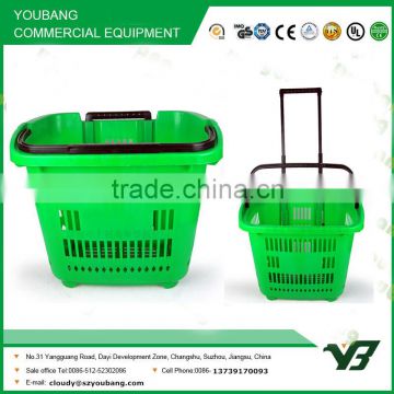 Hot sell good cheap 31 Liter HDPP green color double handle green plastic rolling shopping basket with castor (YB-W003)