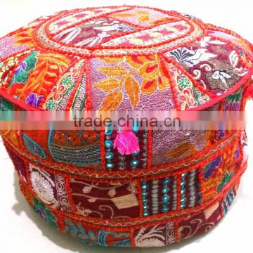 Seating Pouf Large Round Embroidered Multi Color Patchwork Indian Ottoman Cover
