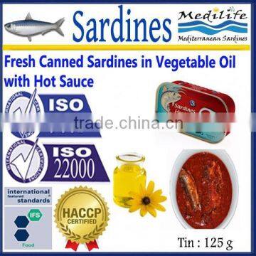 Fresh Canned Sardines in Vegetable Oil with Hot Sauce,High Quality Sardines,Sardines in cans with Hot Sauce125 g