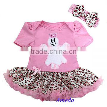 Baby Pink Leopard Halloween Ghost Bodysuit Romper Pettiskirt Bow Headband 2pcs 0-18M