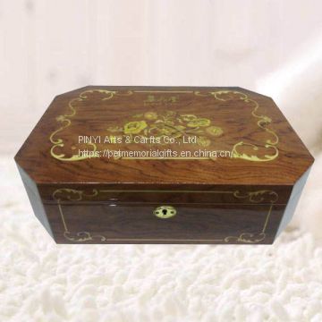 Luxury Good Quality High Gloss Inlaid Pattern Memorial Tribute Keepsake Box with Lock