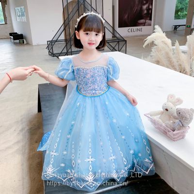 Disney Frozen Costume Princess Dress for Girls White Sequined Mesh Ball GownRopa de verano para niñas, vestidos de princesa Elsa de Frozen, Vestido de manga voladora para niños, vestidos de fiesta para bebés, ropa para niños 2022