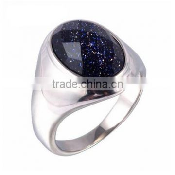 Men's Stainless Steel Vintage Blue Oval Sandstone Rings Polished Silver, Fashion Vintage Oval Ring