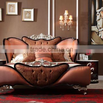 Neoclassic design double bed solid wood bed with polishing leather convex carve flower AK-7073