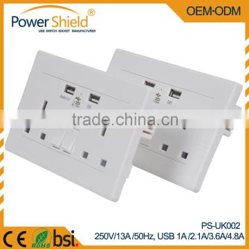 Europe / UK Plug Wall Socket dual USB with switch control 3600mA 4800mA CE RoHS BS1363 standard