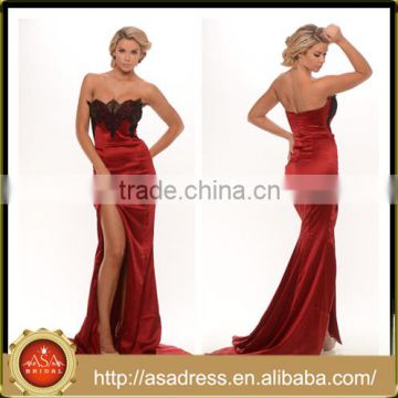 PS-13 Charming Applique Red Evening Party Gown with Seductive Side Slit Zipper Covered Low Back Mermaid Prom Dress for Party