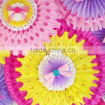 YiWu Wholesale PartySupplier Photo backdrop, layered tissue fans kit, pink, yellow, lavender, lalaloopsy birthday party