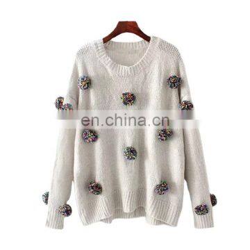 TWOTWINSTYLE Knitted Patchwork Ball Sweater For Women O Neck Long Sleeve Oversized Sweaters