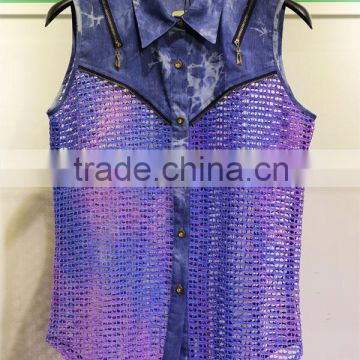 Women's purple and blue hollowed-out sleeveless tops with a shirt collar
