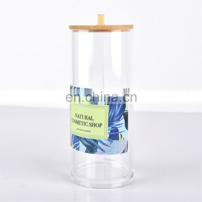 Plastic Cotton Ball Pad Swab Holder Transparent Cosmetic Organizer Storage Holders With Bamboo Lid