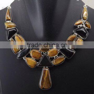 Tiger Eye, Black Onyx Necklace plated 925 Sterling Silver 81 Gms 18-20 Inches