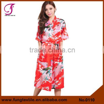 0110 Directly Factory Wholesales Woman Peacock Printed Dressing Gown Silk Kimono