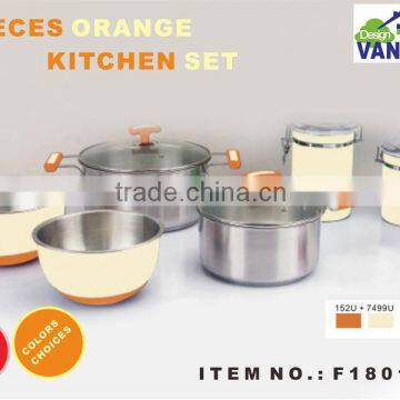 8pcs Orange modern kitchen design induction cookware set with color design kitchen accessories