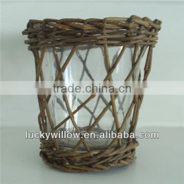 wholesale small round wicker basket with glass bottle candle holder