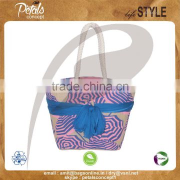 PP laminated jute beach bag with sarong & with twisted rope handle